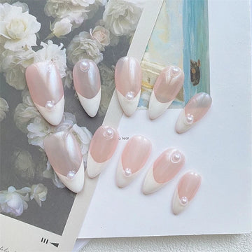 Qfdian Aurora Handmade Press On Nails White Almond French Fake Nails Medium Wearable Manicure Simple Pearl Decoration Finger Nails Art